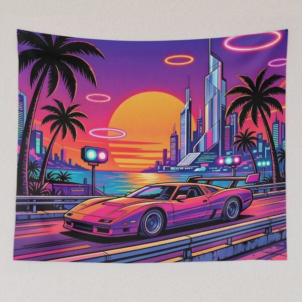 Item preview, Synthwave Sports Car Tropical Neon Sunset City designed and sold by Herodestroyer.