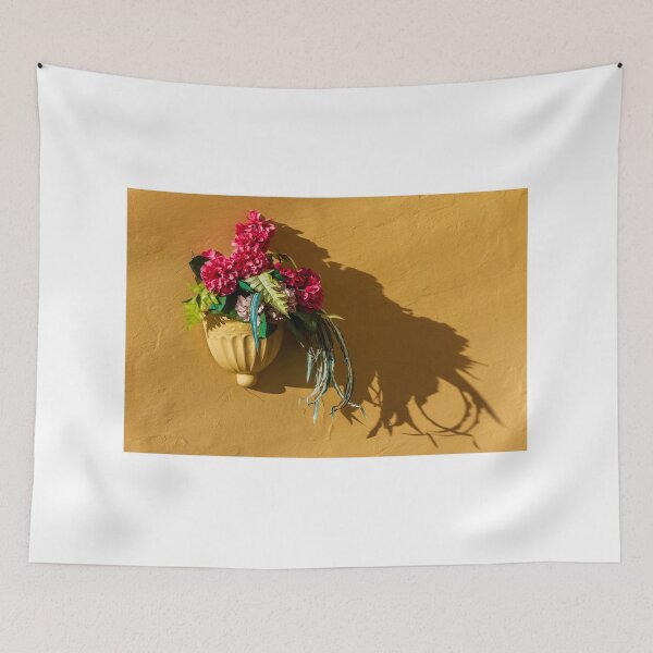 Item preview, Pink Floral Arrangement in Ceramic Wall Planter Against Sunny Yellow Wall with Strong Shadow designed and sold by Nmallia.