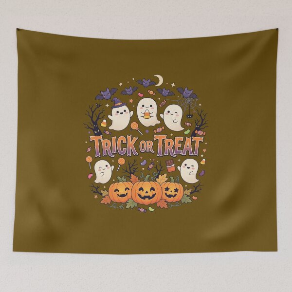 Item preview, Cute Kawaii Ghosts Trick or Treat Halloween Spooky Fun Designf Vintage Happy Halloween Spooky Haunted House Pumpkin Cat Art designed and sold by Evelashop.