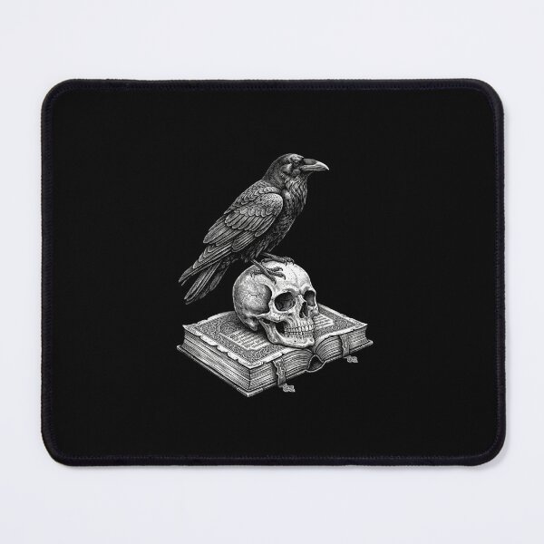 Item preview, Cuervo gótico sobre calavera y libro antiguo blanco sobre negro designed and sold by SOUFIANE1991.