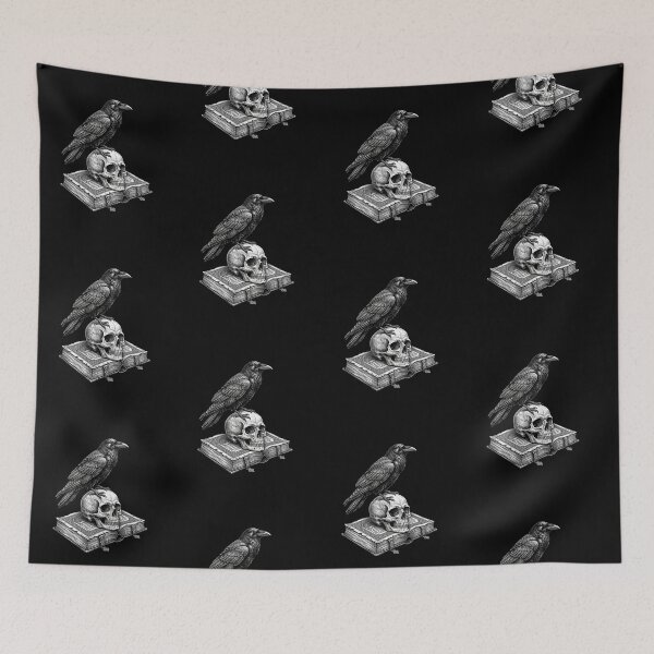 Item preview, Cuervo gótico sobre calavera y libro antiguo blanco sobre negro designed and sold by SOUFIANE1991.