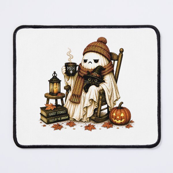 Item preview, Tired Ghost With Black Cat Coffee Meh Funny Introvert Halloween designed and sold by Rahamkshop.