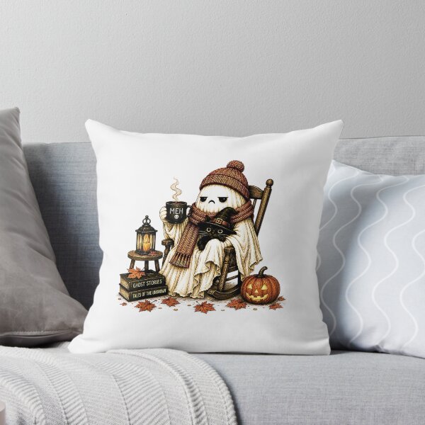 Item preview, Tired Ghost With Black Cat Coffee Meh Funny Introvert Halloween designed and sold by Rahamkshop.