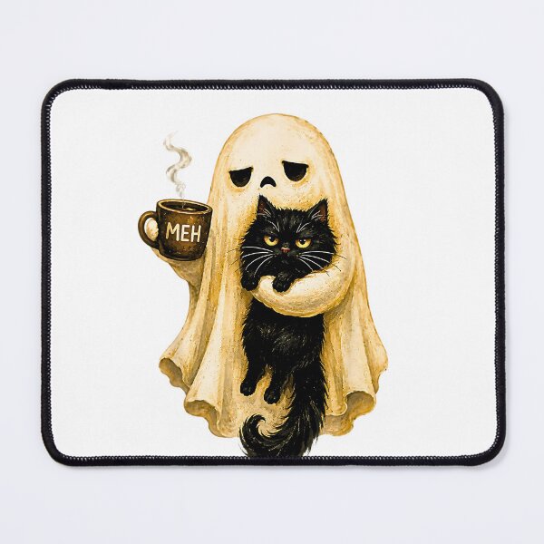 Item preview, Tired Ghost With Black Cat Coffee Meh Funny Introvert Halloween designed and sold by Rahamkshop.