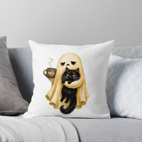 Item preview, Tired Ghost With Black Cat Coffee Meh Funny Introvert Halloween designed and sold by Rahamkshop.