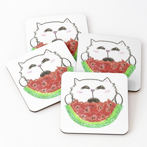 Item preview, Cute White Cat Eating Watermelon Crayon Drawing designed and sold by MagicYana.