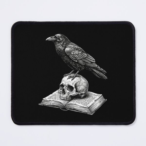 Item preview, Gothic Raven on Skull and Ancient Book White on Black designed and sold by SOUFIANE1991.