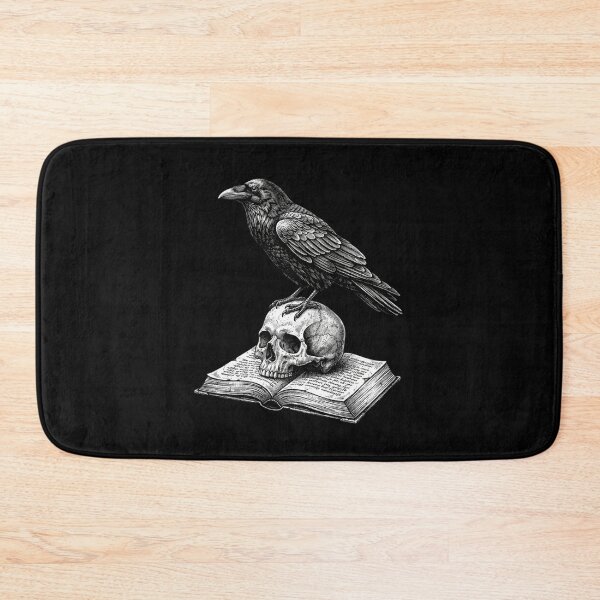 Item preview, Gothic Raven on Skull and Ancient Book White on Black designed and sold by SOUFIANE1991.