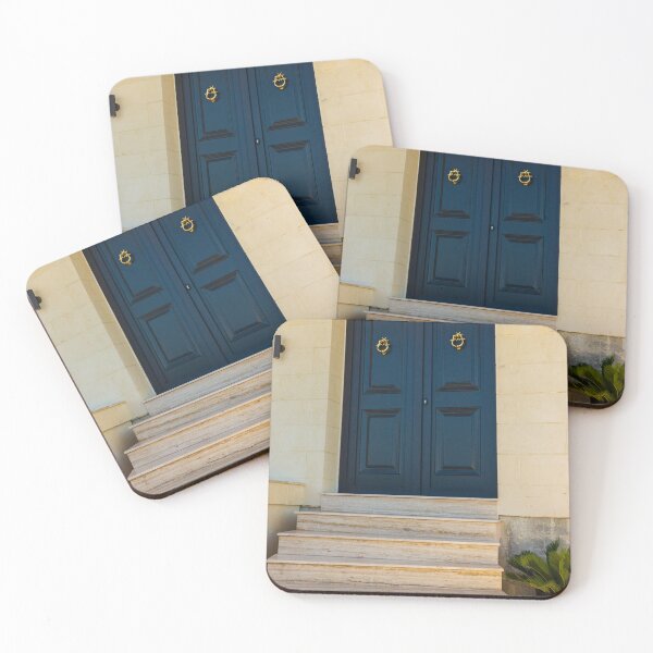 Item preview, Elegant Dark Blue Double Doors With Brass Knockers at Marble Stone Entrance Steps designed and sold by Nmallia.