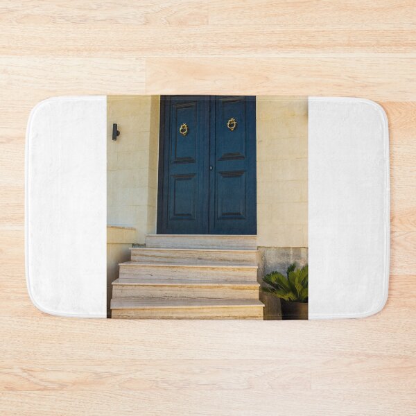 Item preview, Elegant Dark Blue Double Doors With Brass Knockers at Marble Stone Entrance Steps designed and sold by Nmallia.