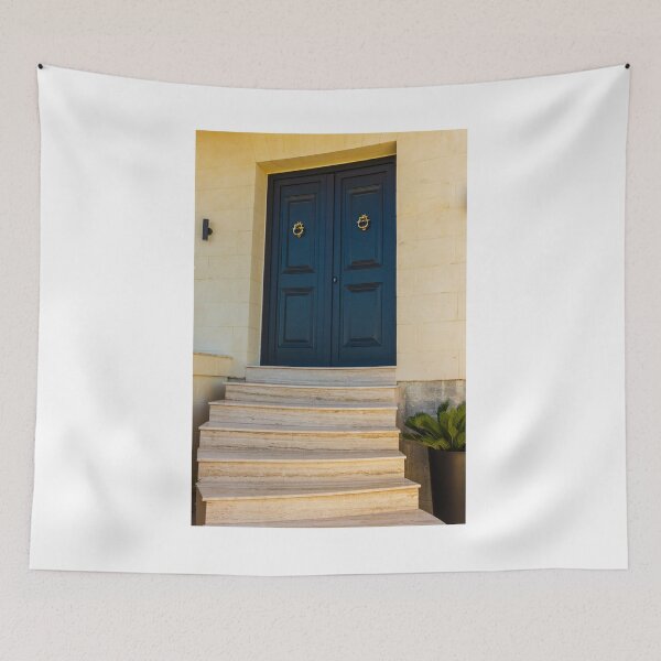 Item preview, Elegant Dark Blue Double Doors With Brass Knockers at Marble Stone Entrance Steps designed and sold by Nmallia.