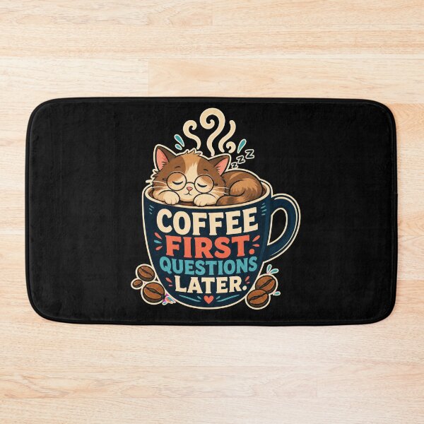 Item preview, Coffee First Questions Later Cute Sleepy Cat — Dark Edition designed and sold by TheOddPrints.