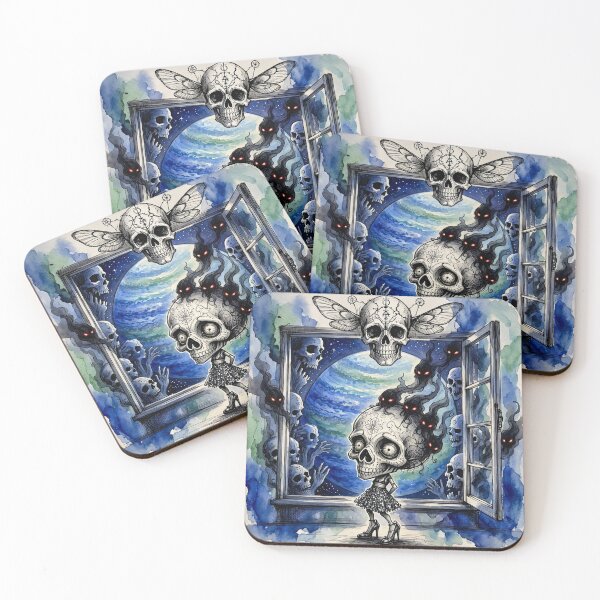 Item preview, Sugar Skull Girl Open Window Cosmic Planet Dark Watercolor Art designed and sold by LujziWorld.