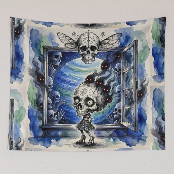 Item preview, Sugar Skull Girl Open Window Cosmic Planet Dark Watercolor Art designed and sold by LujziWorld.