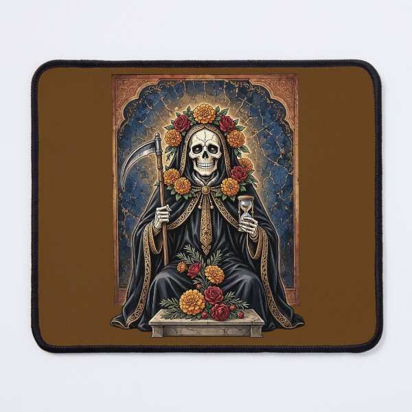 Item preview, Santa Muerte in Black with Scythe, Marigold Flowers and Hourglass designed and sold by SweetLilith.