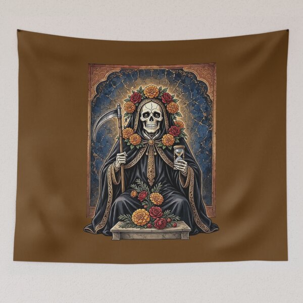 Item preview, Santa Muerte in Black with Scythe, Marigold Flowers and Hourglass  designed and sold by SweetLilith.