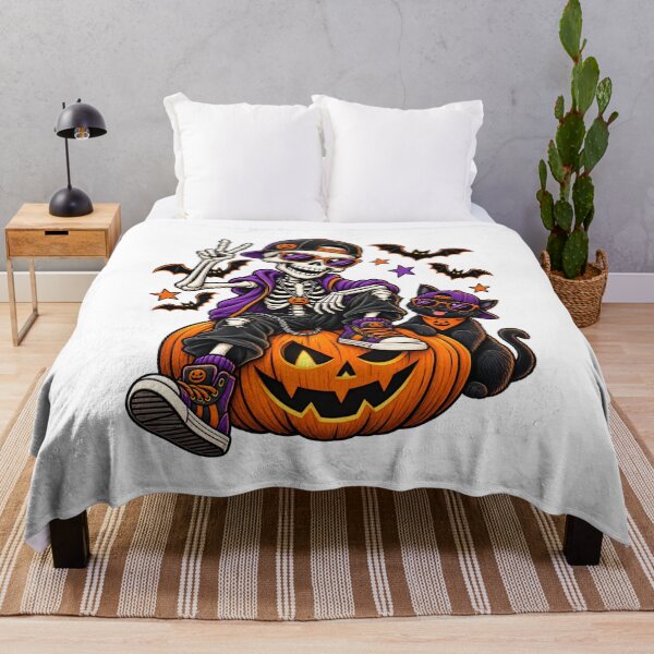Aperçu de l'œuvre Squelette et chat noir cool pour Halloween avec des lunettes de soleil citrouille créée et vendue par afr-saad.
