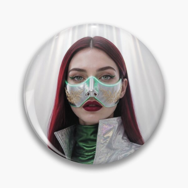 Item preview, Futuristic Caucasian Woman with deep burgundy red hair in Silver Mask with Gold Engravings designed and sold by Lucia Amaris Art.