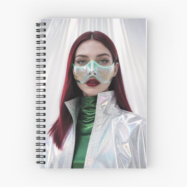 Item preview, Futuristic Caucasian Woman with deep burgundy red hair in Silver Mask with Gold Engravings designed and sold by Lucia Amaris Art.