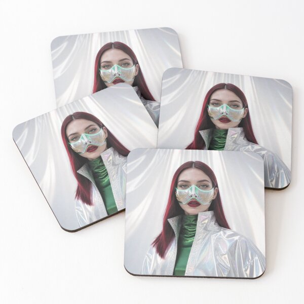 Item preview, Futuristic Caucasian Woman with deep burgundy red hair in Silver Mask with Gold Engravings designed and sold by Lucia Amaris Art.