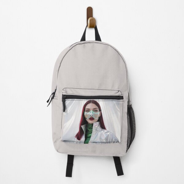 Item preview, Futuristic Caucasian Woman with deep burgundy red hair in Silver Mask with Gold Engravings designed and sold by Lucia Amaris Art.