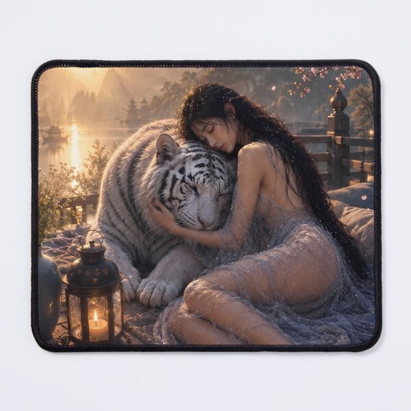 Item preview, Woman Embracing White Tiger – Dreamy Fantasy Wildlife Art designed and sold by ManJiangHong.