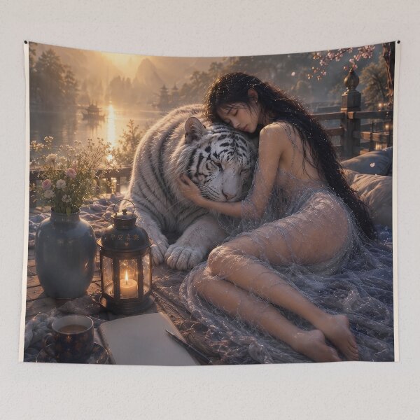 Item preview, Woman Embracing White Tiger – Dreamy Fantasy Wildlife Art designed and sold by ManJiangHong.