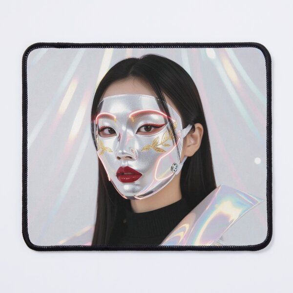 Item preview, Futuristic East Asian Woman with black hair in Silver Mask with Gold Engravings designed and sold by Lucia Amaris Art.