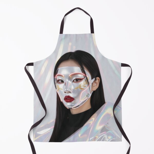 Item preview, Futuristic East Asian Woman with black hair in Silver Mask with Gold Engravings designed and sold by Lucia Amaris Art.