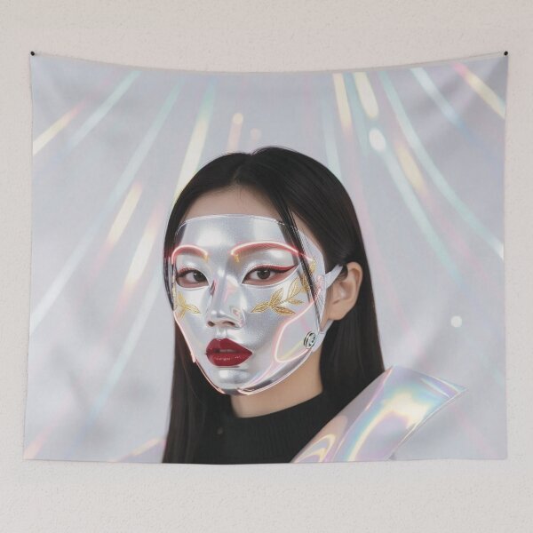 Item preview, Futuristic East Asian Woman with black hair in Silver Mask with Gold Engravings designed and sold by Lucia Amaris Art.