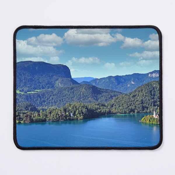 Item preview, Aerial view of Lake Bled with island church and mountain landscape designed and sold by goceris.
