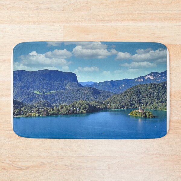 Item preview, Aerial view of Lake Bled with island church and mountain landscape designed and sold by goceris.