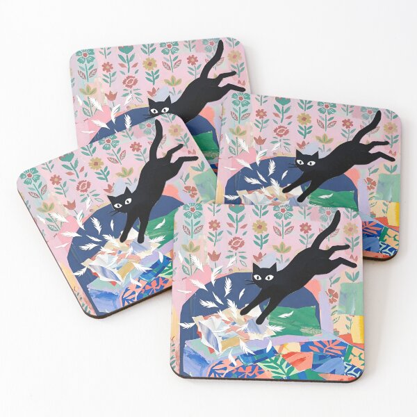 Item preview, Playful Black Cat Catching Floating Feathers Matisse Style Print designed and sold by DuckOddity.