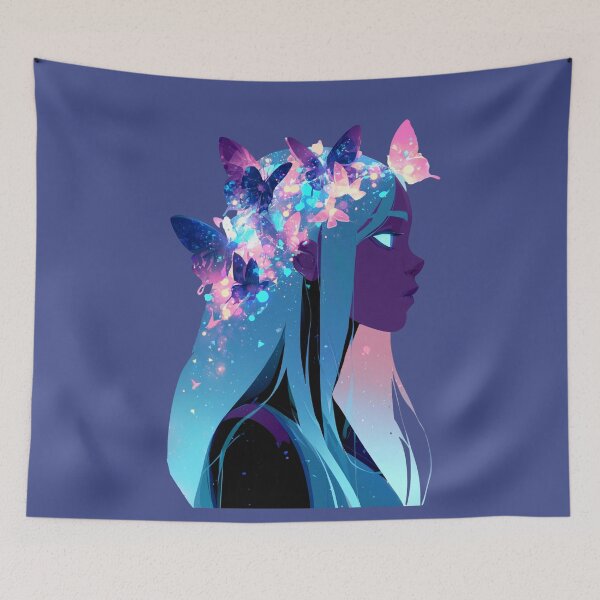 Item preview, Mystical Butterfly Woman with Cosmic Blue Hair and Pink Flowers PNG designed and sold by MythicMood.