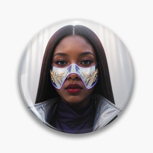 Item preview, Futuristic African Woman with brown hair in Silver Mask with Gold Engravings designed and sold by Lucia Amaris Art.