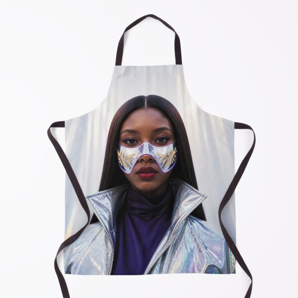 Artikelvorschau, Futuristische afrikanische Frau mit braunem Haar und silberner Maske mit Goldgravuren. entworfen und verkauft von Lucia Amaris Art.