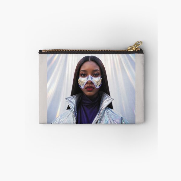 Item preview, Futuristic African Woman with brown hair in Silver Mask with Gold Engravings designed and sold by Lucia Amaris Art.