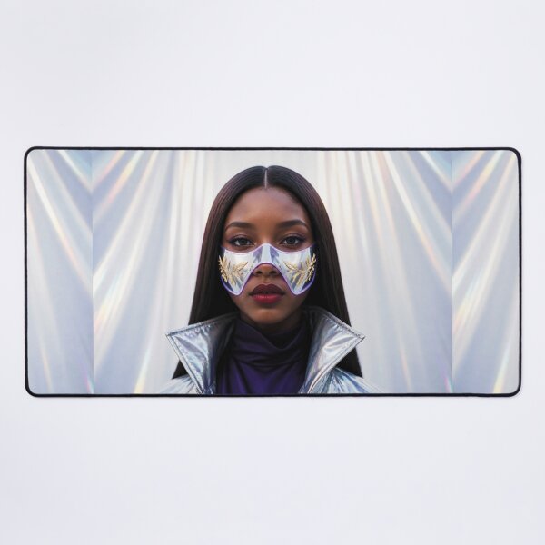 Item preview, Futuristic African Woman with brown hair in Silver Mask with Gold Engravings designed and sold by Lucia Amaris Art.