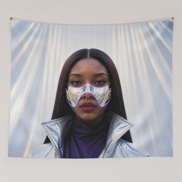 Item preview, Futuristic African Woman with brown hair in Silver Mask with Gold Engravings designed and sold by Lucia Amaris Art.