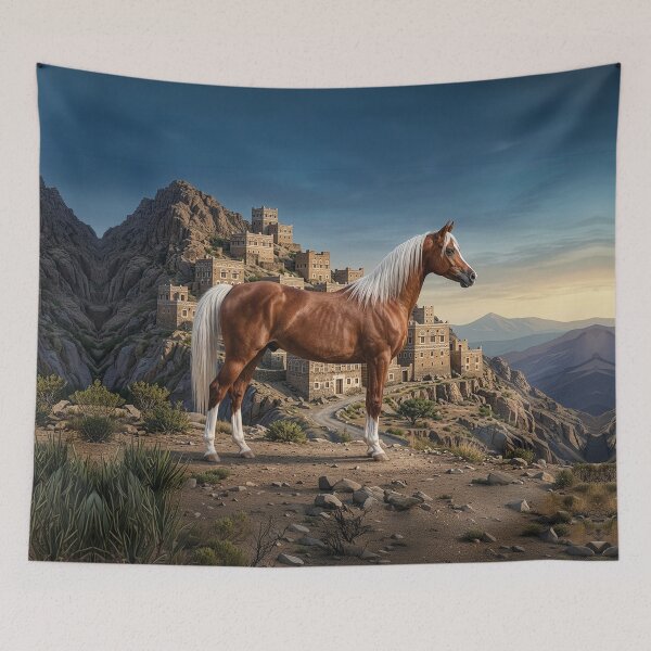 Aperçu de l'œuvre Le cheval Abou'Ourquob et un paysage du Yémen créée et vendue par Cheval-de-coeur.