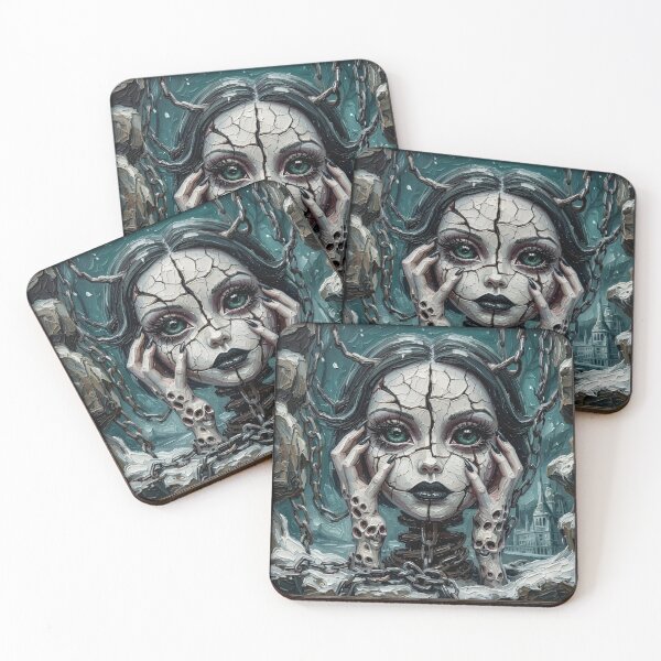 Item preview, Cracked Porcelain Gothic Doll Chains Skull Hands Impasto Art designed and sold by LujziWorld.