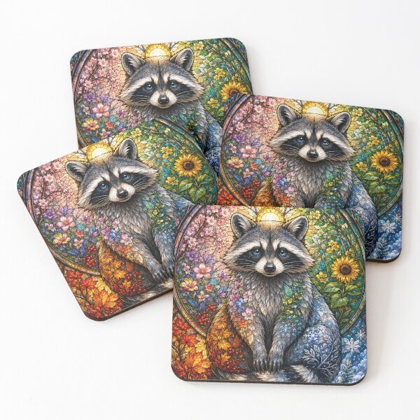 Item preview, The Masked Guardian of the Four Seasons – Stained Glass Raccoon designed and sold by Pixel Otaku Gallery.