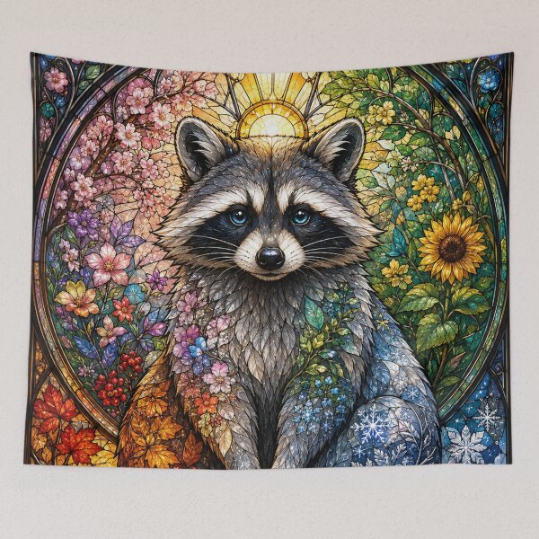 Item preview, The Masked Guardian of the Four Seasons – Stained Glass Raccoon designed and sold by Pixel Otaku Gallery.