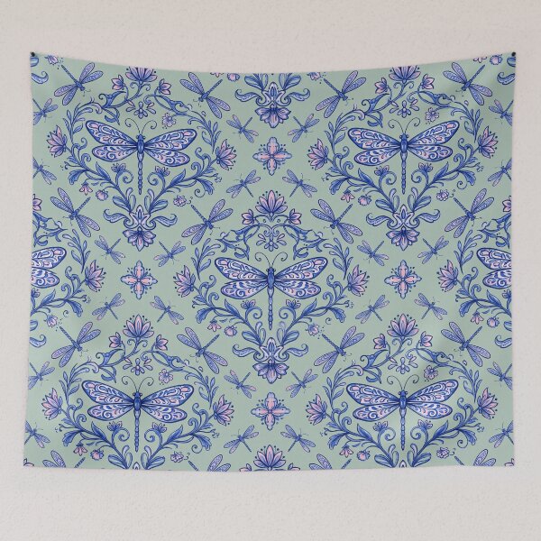 Item preview, Dragonfly Tile Pattern Blue Vintage Botanical Art designed and sold by 21 Dragonflies.