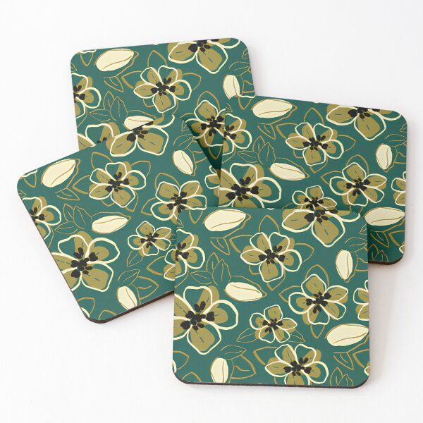 Item preview, Vintage Teal and Olive Gold Floral Outline Seamless Pattern designed and sold by LuxocaDesigns24.