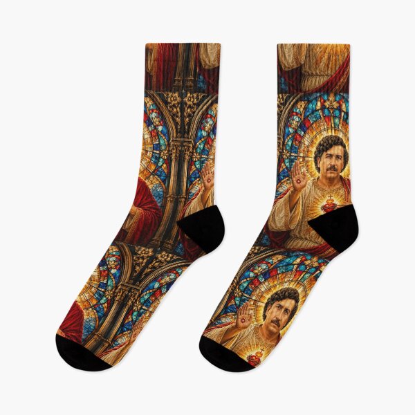 Item preview, Gráfico de vitral del Sagrado Corazón de San Pablo Escobar, parodia religiosa de los narcos colombianos, diseño de retrato del capo patrón El Patrón designed and sold by DyfunctionalTee.