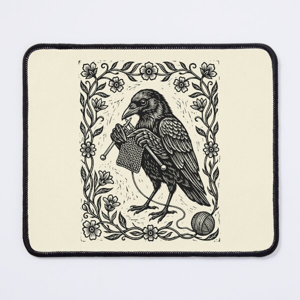 Item preview, Linocut Knitting Crow Floral Knitter Bird Cottagecore designed and sold by Y-Vibes.