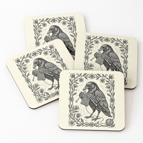 Item preview, Linocut Knitting Crow Floral Knitter Bird Cottagecore designed and sold by Y-Vibes.