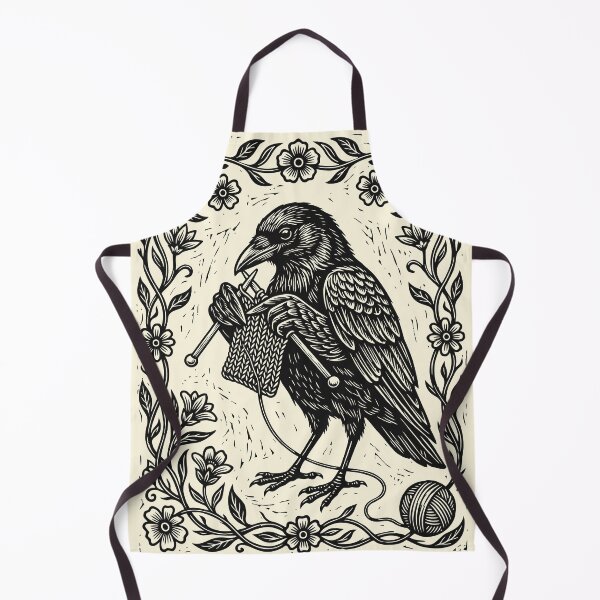 Item preview, Linocut Knitting Crow Floral Knitter Bird Cottagecore designed and sold by Y-Vibes.