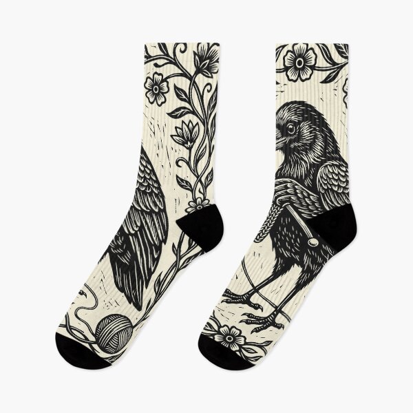 Item preview, Linocut Knitting Crow Floral Knitter Bird Cottagecore designed and sold by Y-Vibes.